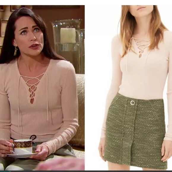 Sandro Tops - Sandro lace trim lace up ribbed pink top shirt